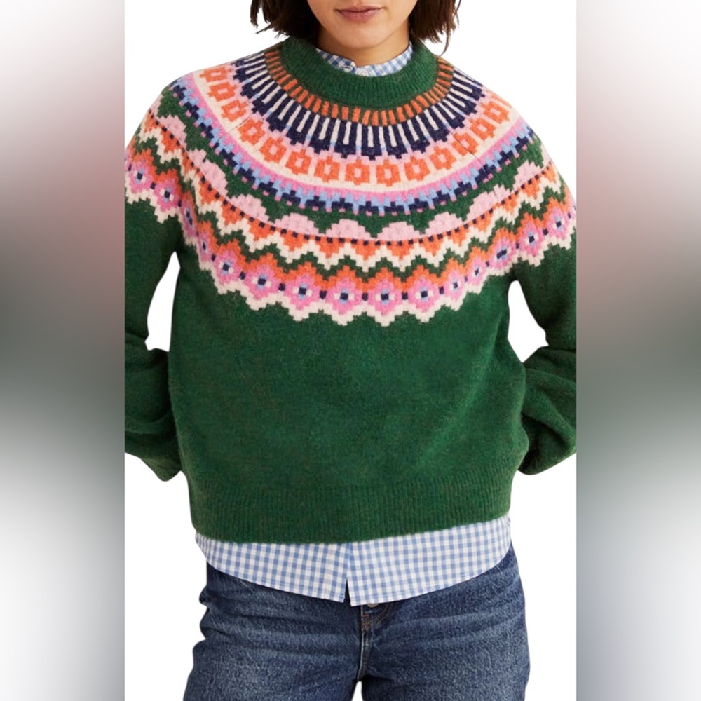 BODEN Fair Isle Hunter Green Pink Orange Alpaca Blend Sweater - Picture 2 of 12